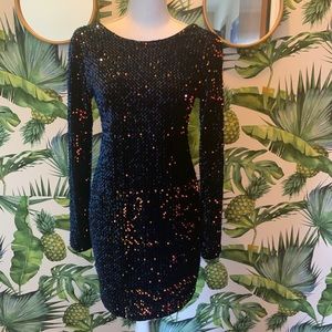 Long Sleeve Open Back Sequin Dress